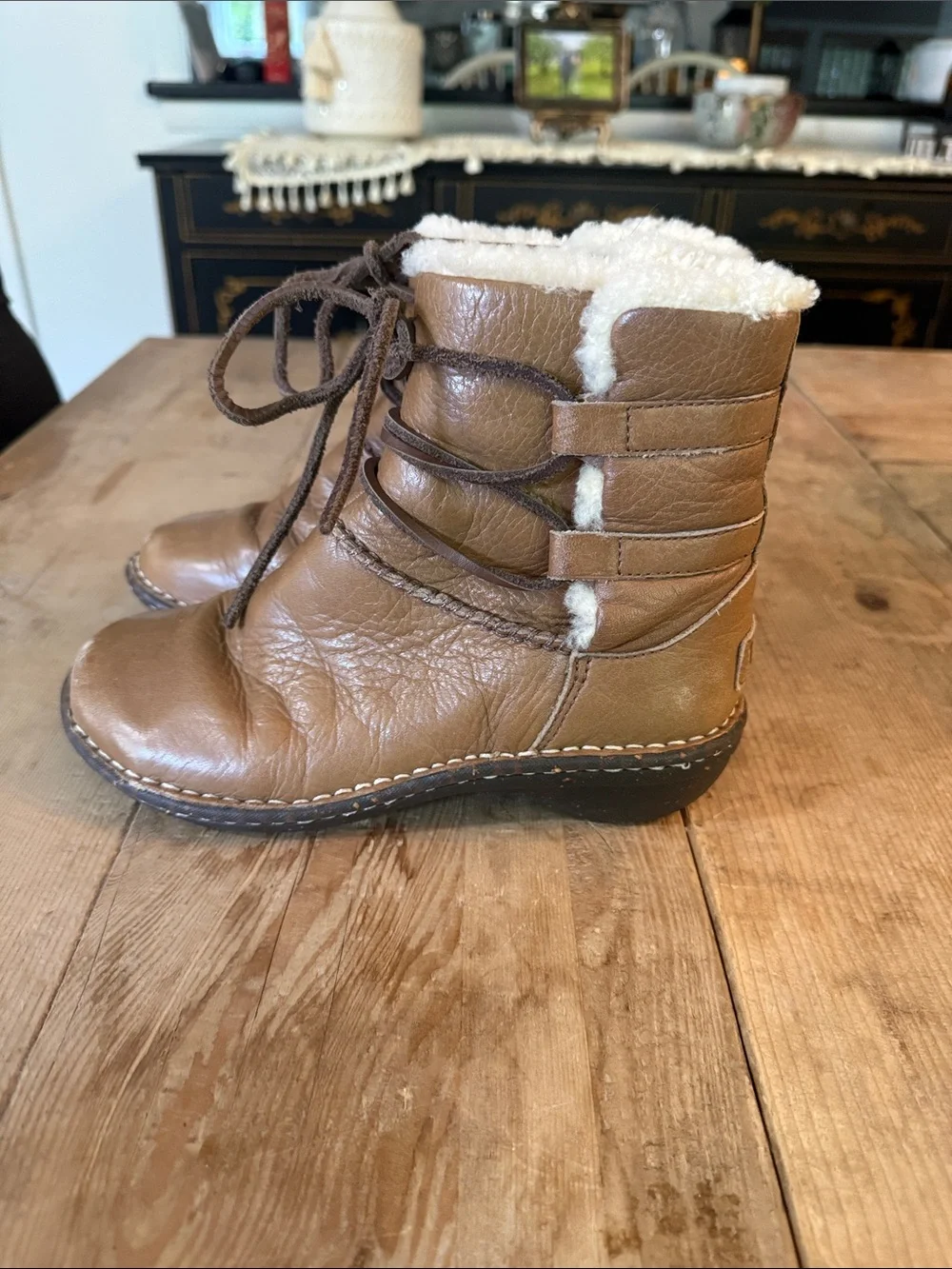 UGG Brown Leather Shearling Lace-Up Ankle Booties